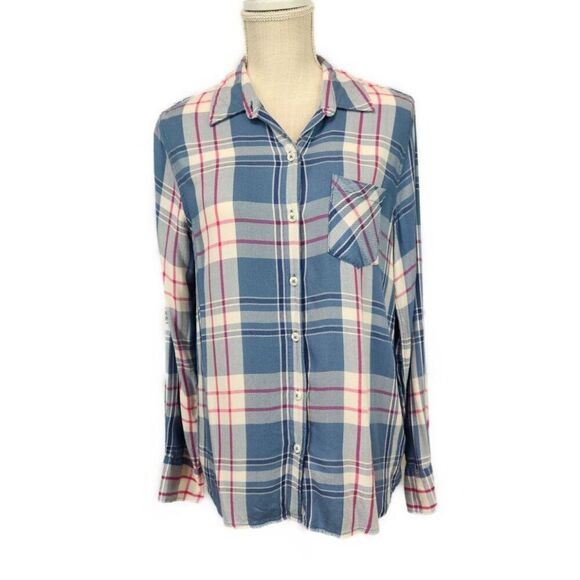 Woolrich Button Down Flannel Shirt Womens Sz L Blue Pink Plaid Long Tab Sleeve - Picture 1 of 7